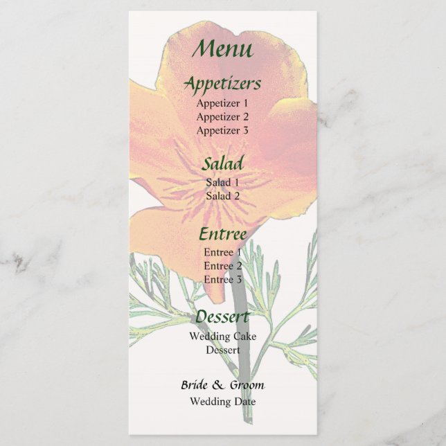 Menu Cardápio de Casamento Closeup de Papoula da Califó (Frente)
