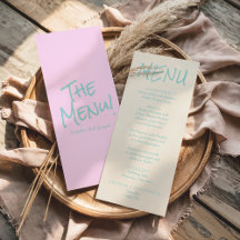 Cardápio de casamento colorido e escrito à mão em 
