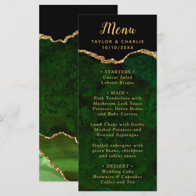 Menu Cardápio de Casamento com Ágata Verde e Dourada (Frente/Verso)