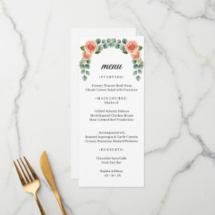 Menu Cardápio de Casamento com Arco de Eucalipto e Rosa