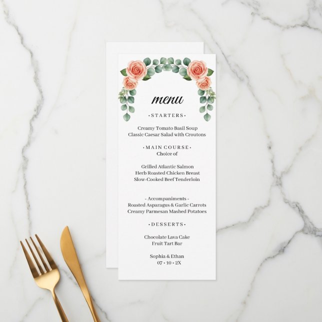 Menu Cardápio de Casamento com Arco de Eucalipto e Rosa (Frente/Verso In Situ)