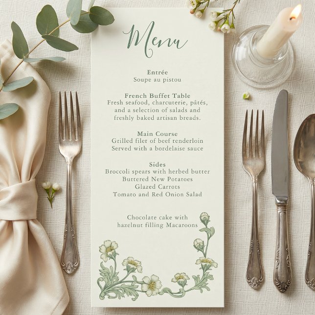 Menu cardápio de casamento com bordas florais Art Nouve (Art Nouveau Sage Floral border wedding menu)