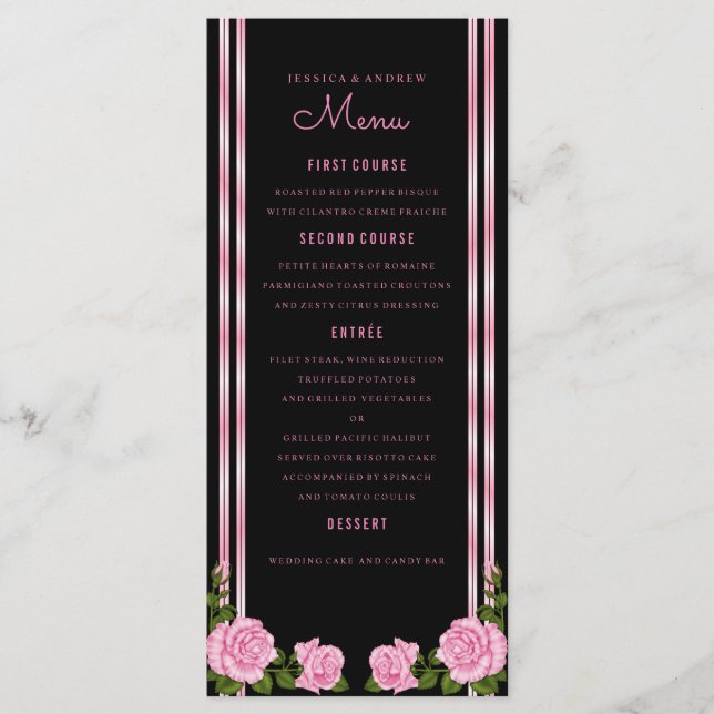 Menu Cardápio de casamento com buquê de rosas no canto  (Frente)