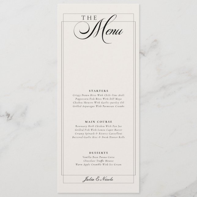 Menu Cardápio de Casamento com Caligrafia em Marfim Pre (Frente)