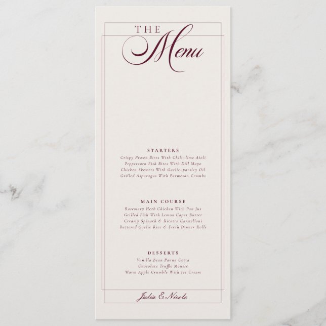 Menu Cardápio de Casamento com Caligrafia em Marfim Ver (Frente)