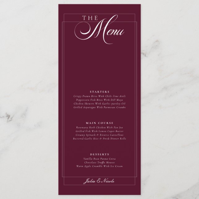 Menu Cardápio de Casamento com Caligrafia em Marfim Ver (Frente)