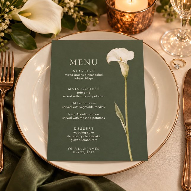 Menu Cardápio de Casamento com Copo-de-Leite em Verde O (Olive Green Calla Lily Wedding Menu)