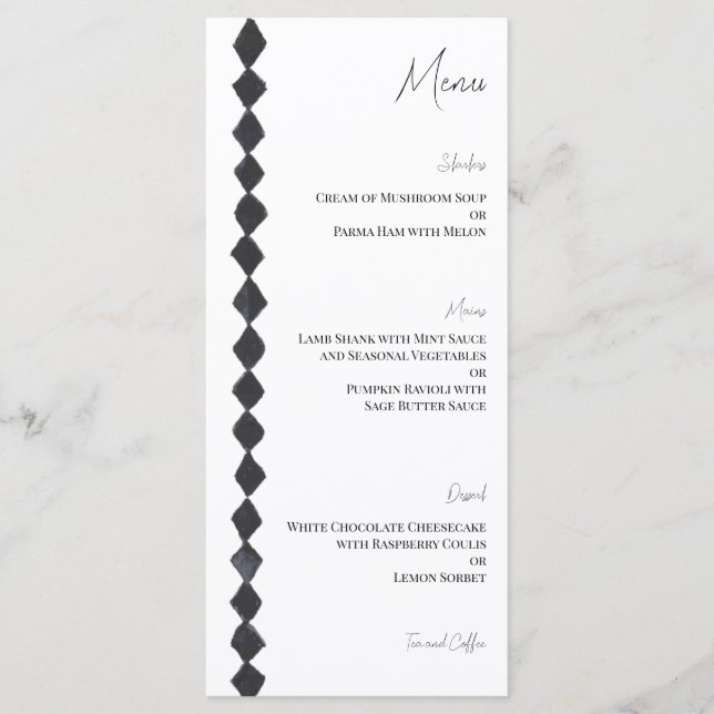 Menu Cardápio de Casamento com Corte Diamante Preto e B (Frente)