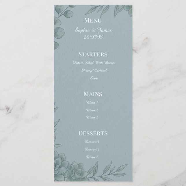 Menu Cardápio de Casamento com Eucalipto Cinza Azul (Frente)