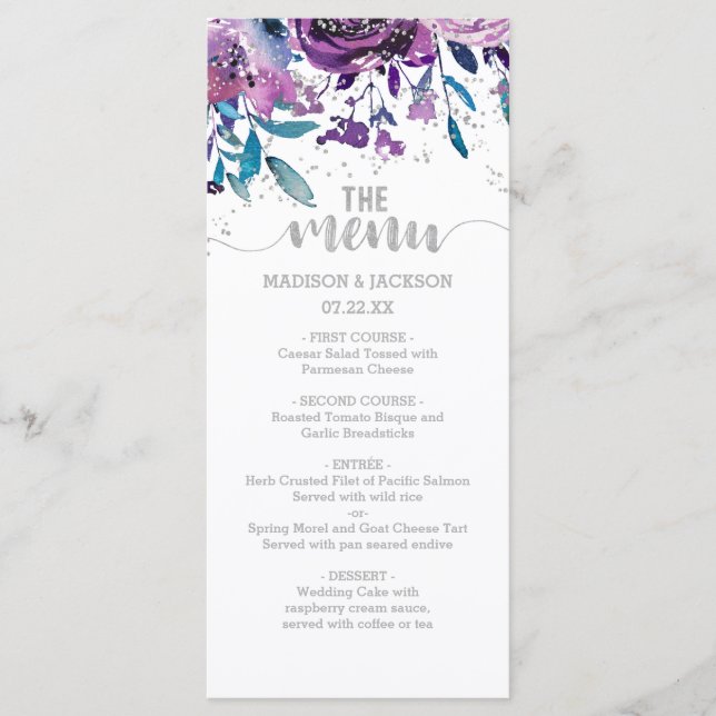 Menu Cardápio de Casamento com Floral Roxo e Confetes d (Frente)