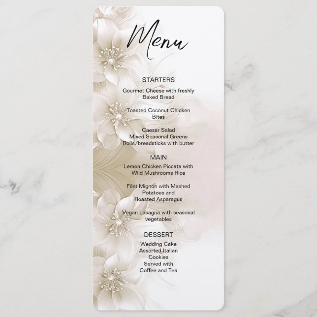 Menu Cardápio de Casamento com Flores Brancas de Marfim (Frente)