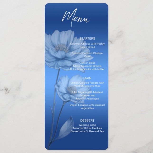 Menu Cardápio de Casamento com Flores de Aquarela Azul (Frente)