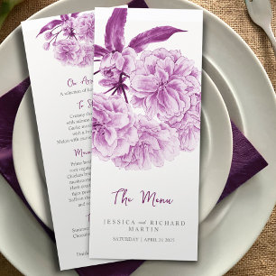 Menu Cardápio de casamento com flores duplas roxas