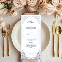 Cardápio de Casamento com Flores em Azul Empoeirad