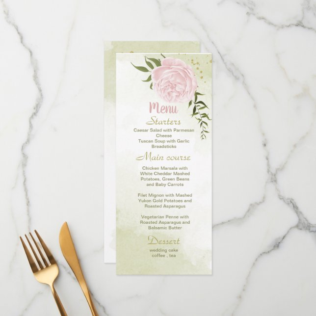Menu cardápio de casamento com flores rosa verde (Frente/Verso In Situ)