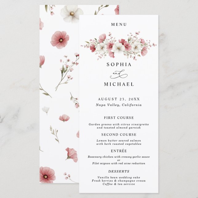 Menu Cardápio de Casamento com Flores Silvestres Rosas (Frente/Verso)