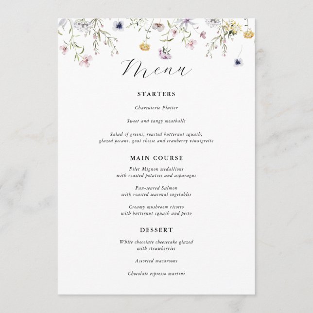Menu Cardápio de casamento com flores silvestres roxas  (Frente)