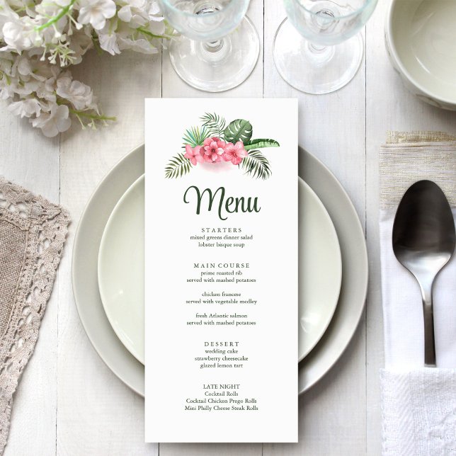 Menu Cardápio de Casamento com Flores Tropicais Rosa (Pink Tropical Flowers Wedding Menu on white wedding table.)