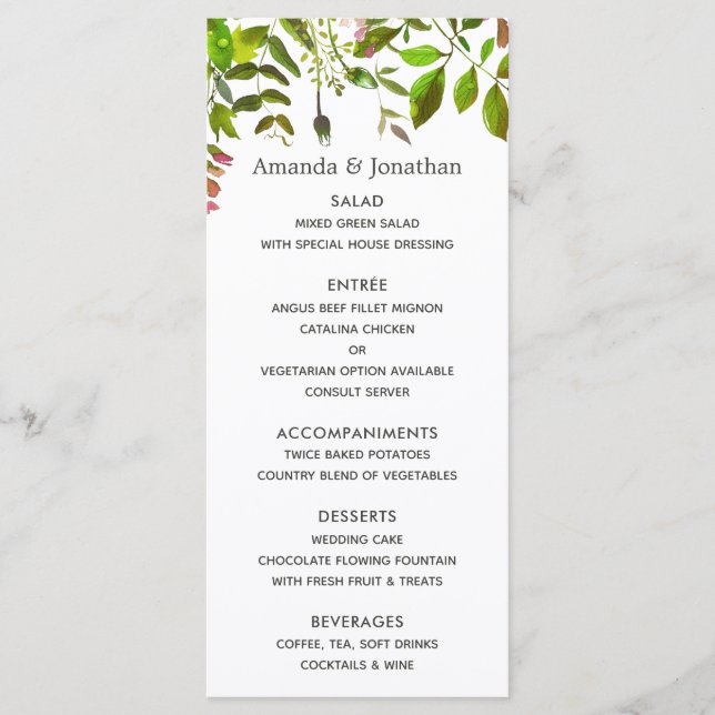 Menu Cardápio de Casamento com Folhagem de Primavera em (Frente)