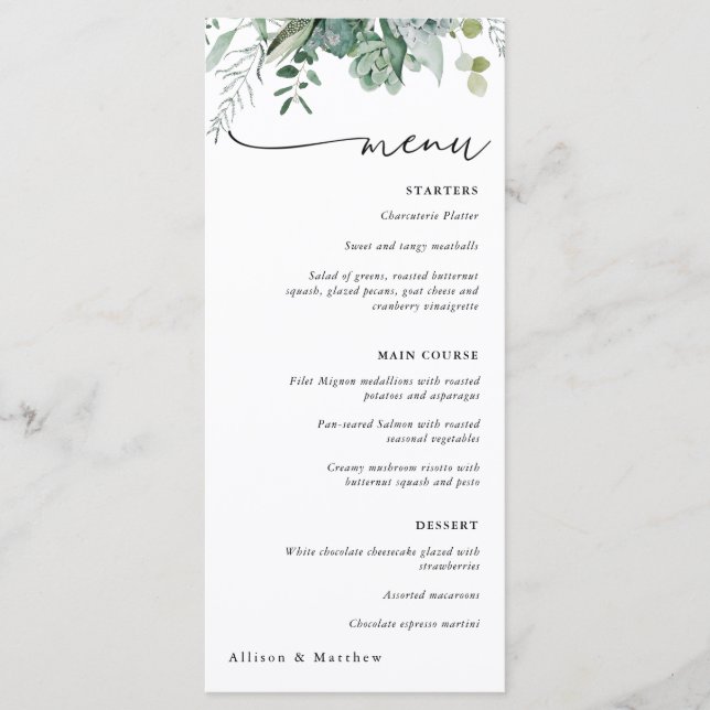 Menu Cardápio de casamento com folhagens suculentas e e (Frente)