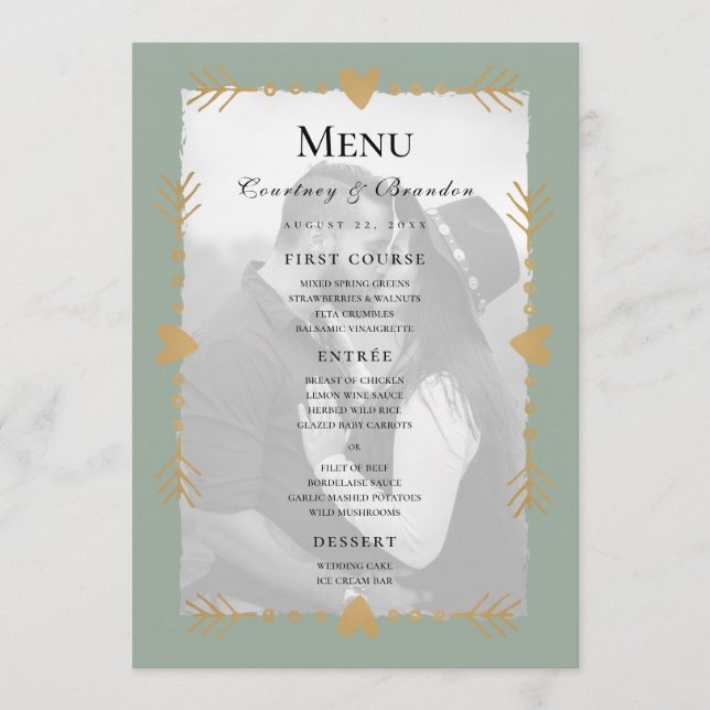 Menu Cardápio de Casamento com Fotos Modernas em Verde  (Frente)