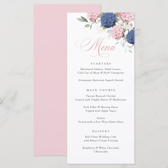 Menu Cardápio de Casamento com Hortênsias Rosa e Azul N (Frente/Verso)
