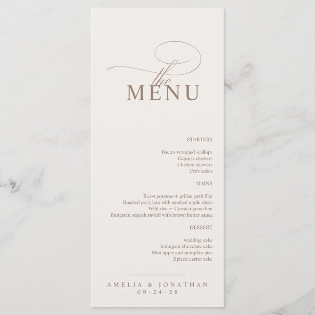 Menu Cardápio de Casamento com Letra Minimalista Modern (Frente)