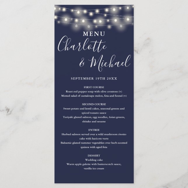 Menu Cardápio de Casamento com Luzes de Corda Azul-Mari (Frente)