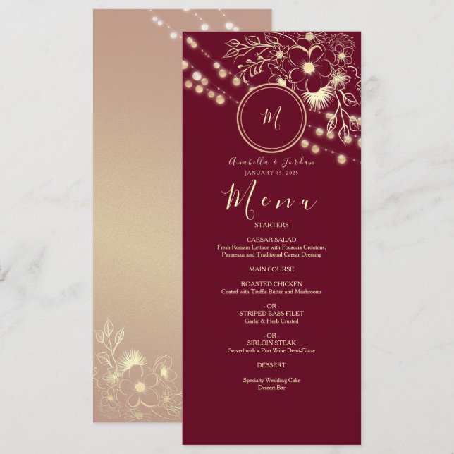 Menu Cardápio de Casamento com Monograma Burgundy Elega (Frente/Verso)