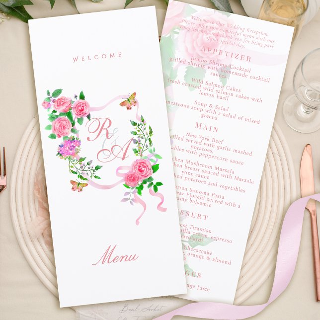 Menu Cardápio de Casamento com Monograma de Fita de Ros (Pink Rose Ribbon Monogram Wedding Menu)