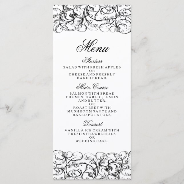 Menu Cardápio de casamento com redemoinhos elegantes em (Frente)