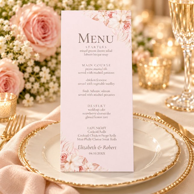 Menu Cardápio de Casamento com Rosas Cor-de-Rosa Pálido (Romantic Pale Pink Roses Wedding Menu)