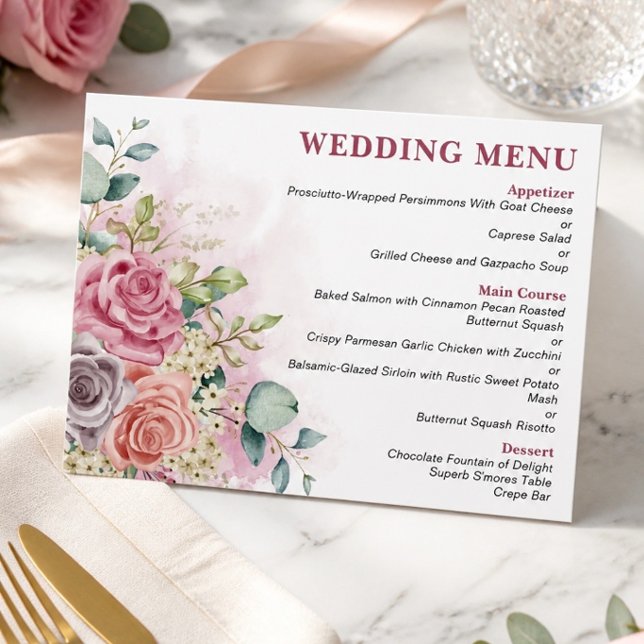 Menu Cardápio de Casamento com Rosas em Aquarela (Criador carregado)
