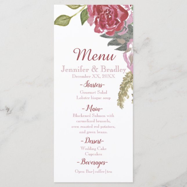 Menu Cardápio de Casamento com Rosas em Aquarela (Frente)