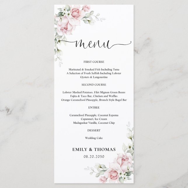 Menu Cardápio de Casamento com Rosas Rosa Bege (Frente)