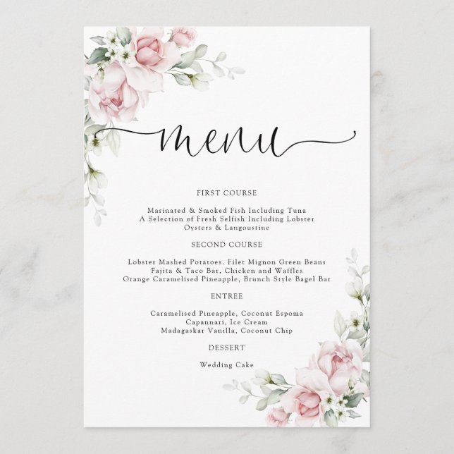 Menu Cardápio de Casamento com Rosas Rosa Bege (Frente)