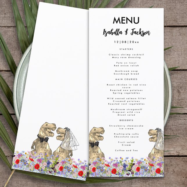 Menu Cardápio de Casamento com Tema de Dinossauros (Fun dinosaur themed wedding menu with T-Rex bride and groom in a colorful wildflower meadow )