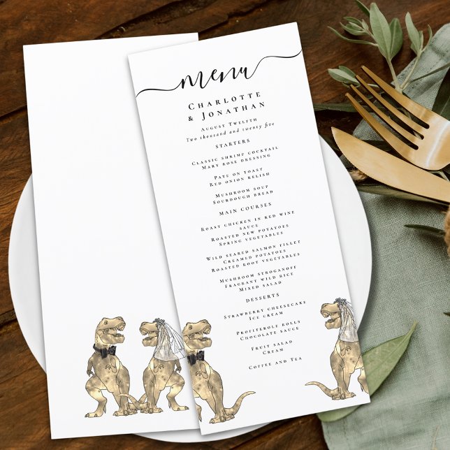Menu Cardápio de Casamento com Tema de Dinossauros (Dinosaur theme wedding menu funny T-Rex bride and groom dino elegant modern script)