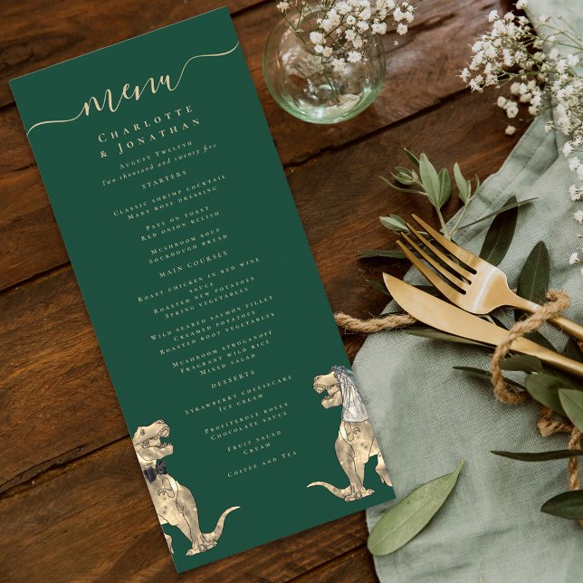 Menu Cardápio de Casamento com Tema de Dinossauros (dinosaur bride and groom dark green wedding menu watercolor fun Jurassic T-Rex dino)
