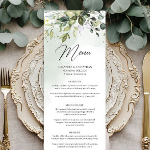 Menu cardápio de casamento com verde boêmio e eucalipto