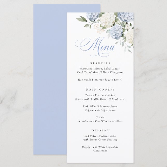 Menu Cardápio de casamento com verde e hortênsia azul e (Frente/Verso)