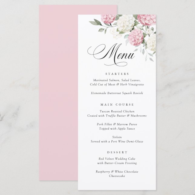Menu Cardápio de casamento com verde e hortênsia rosa e (Frente/Verso)