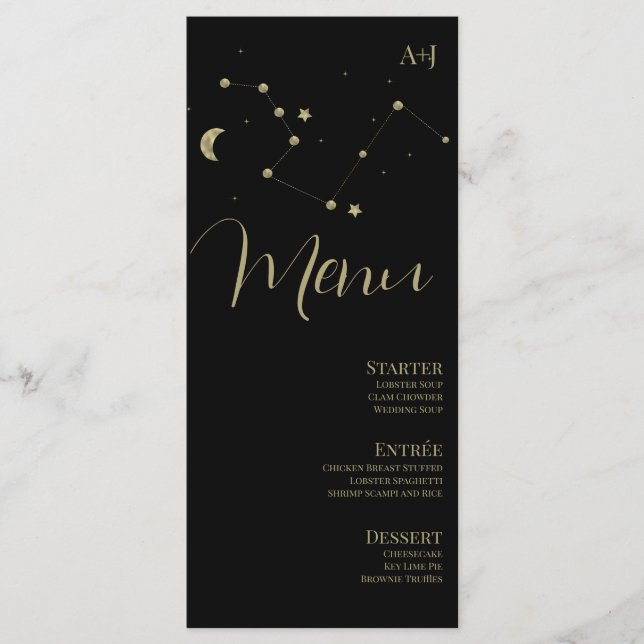 Menu Cardápio de Casamento Constellation Script Preto D (Frente)