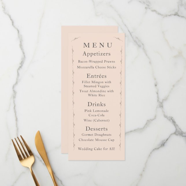 Menu Cardápio de Casamento Cor-de-Rosa Básico (Frente/Verso In Situ)