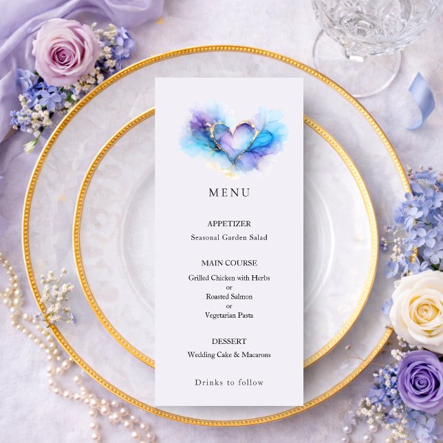Menu Cardápio de Casamento Coração Abstrato Azul Roxo D (Criador carregado)