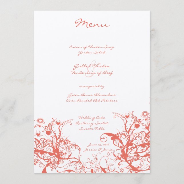 Menu Cardápio de Casamento Coral Birds e Swirls (Frente)