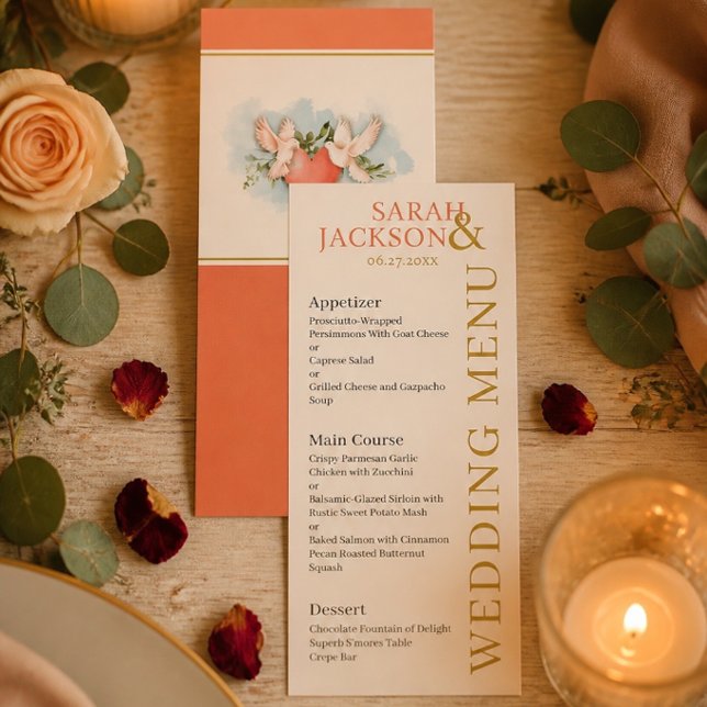 Menu Cardápio de Casamento Coral de Pombas Românticas (Criador carregado)