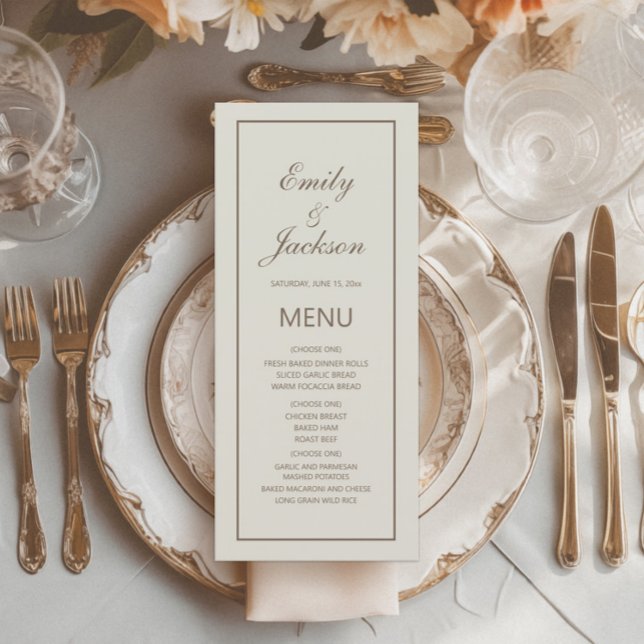Menu Cardápio de Casamento Creme Marrom Elegante Modern (Cream-colored wedding reception menu)