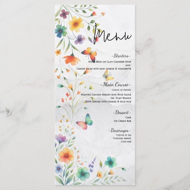Menu Cardápio de Casamento de Borboleta Floral Aquarela (Frente)