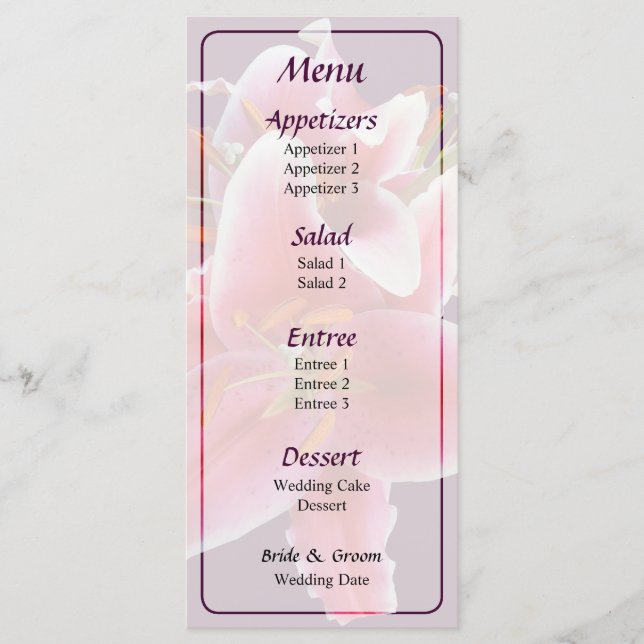 Menu Cardápio de Casamento de Buquê de Lírios Stargazer (Frente)